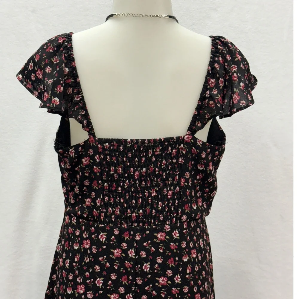 Lola Grace Floral Midi Dress Womens Medium Black Pink Flutter Sleeve Cottagecore